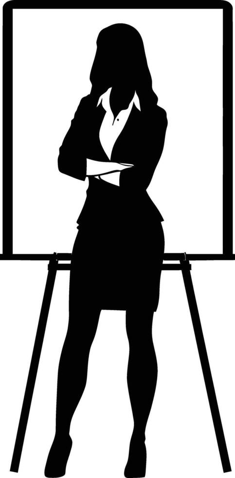 AI generated Silhouette Business Woman Making Presentation on Whiteboard black color only vector