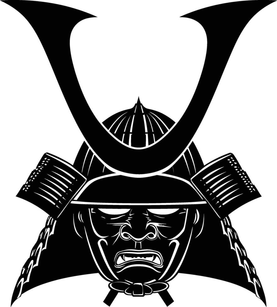 AI generated Silhouette japanese Shogun Warrior Helmet black color only vector