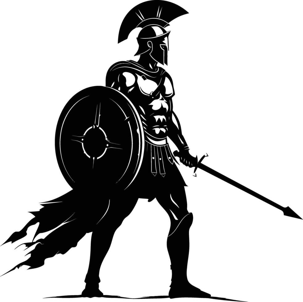 AI generated Silhouette Ancient Greek Warrior black color only vector