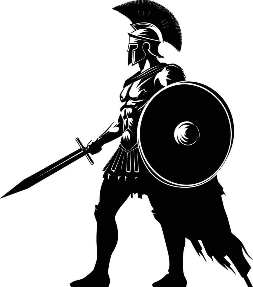 AI generated Silhouette Ancient Greek Warrior black color only vector