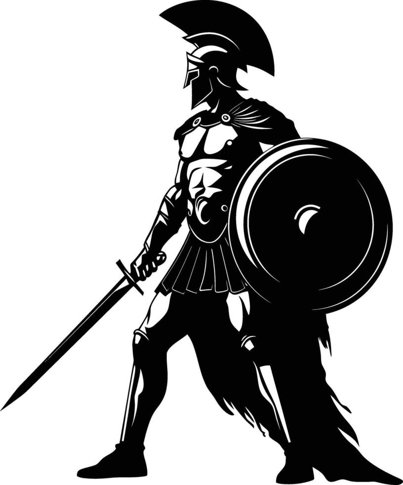 AI generated Silhouette Ancient Greek Warrior black color only vector