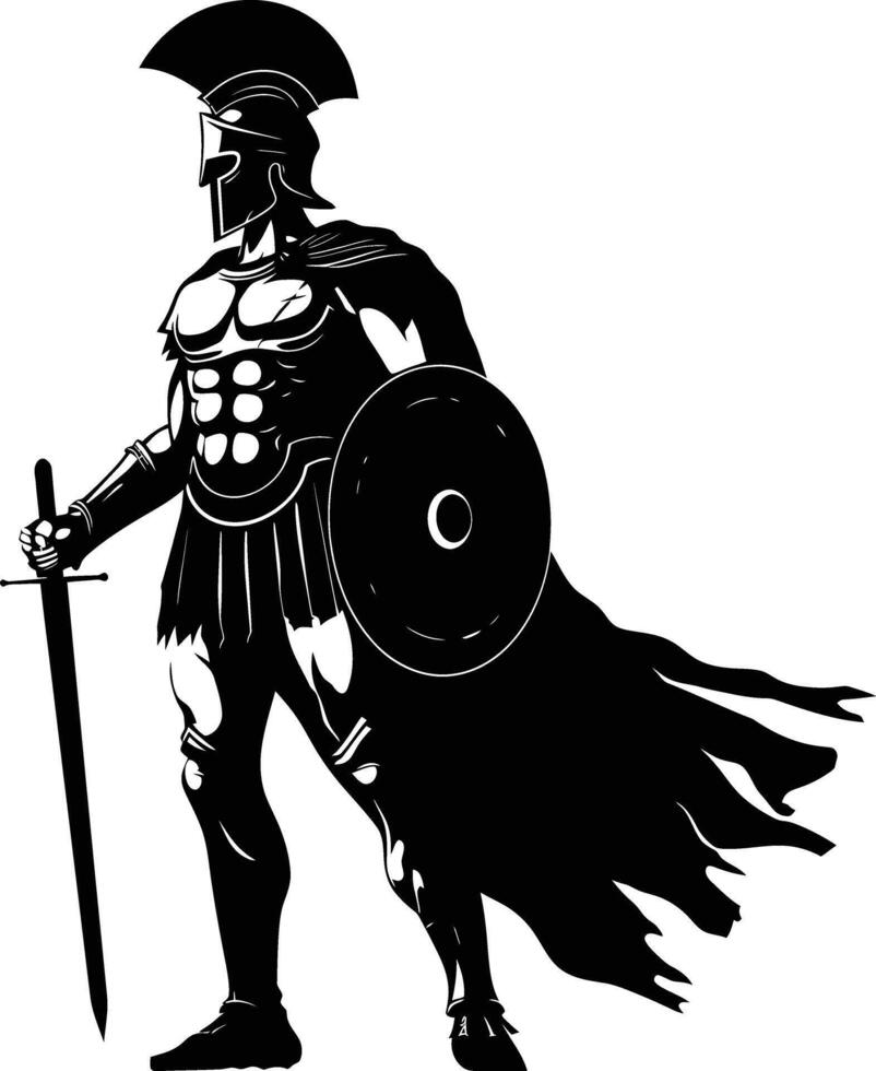 AI generated Silhouette Ancient Greek Warrior black color only vector