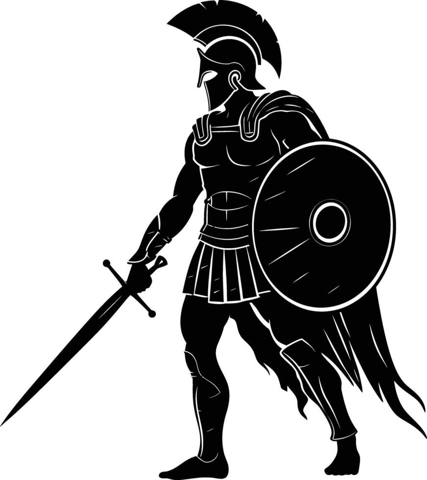 AI generated Silhouette Ancient Greek Warrior black color only vector