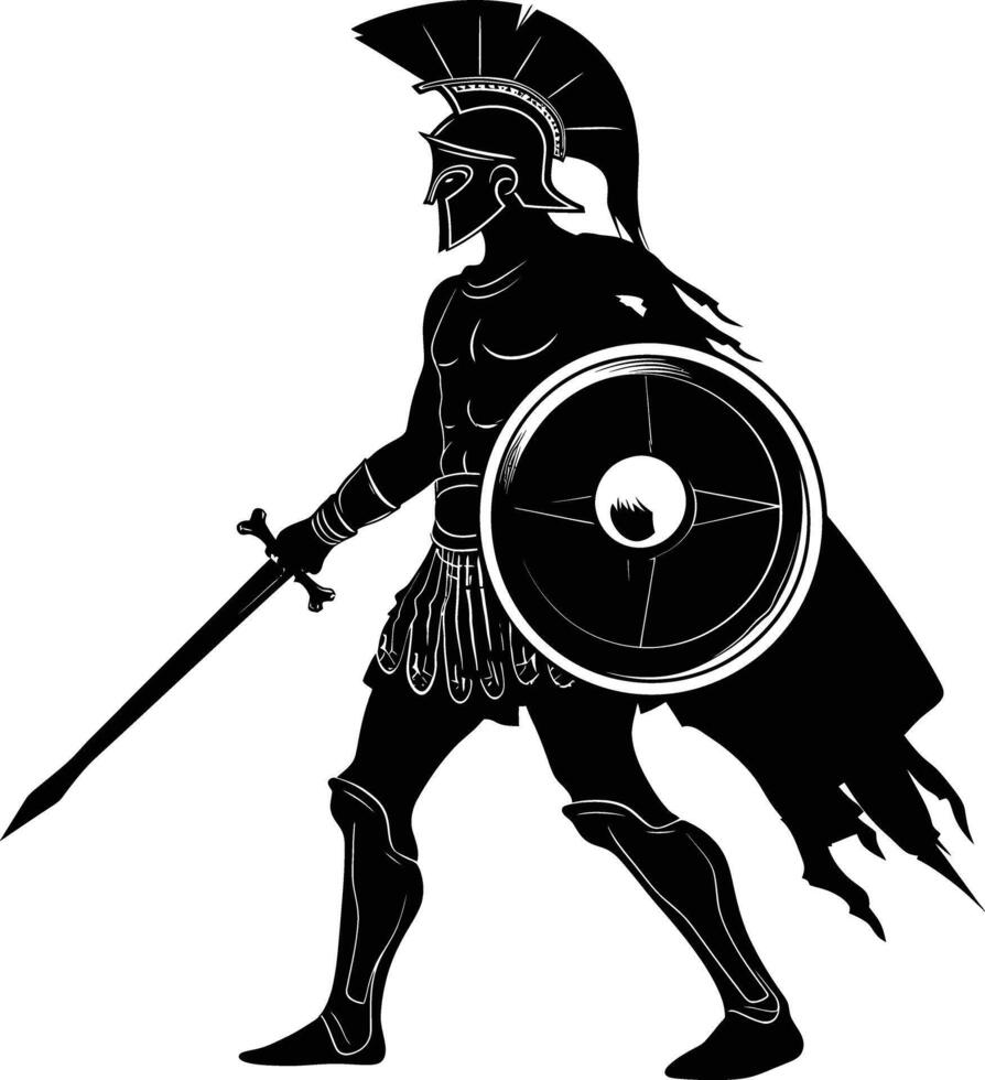 AI generated Silhouette Ancient Greek Warrior black color only vector