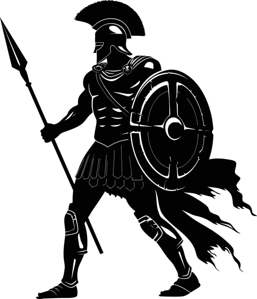 AI generated Silhouette Ancient Greek Warrior black color only vector