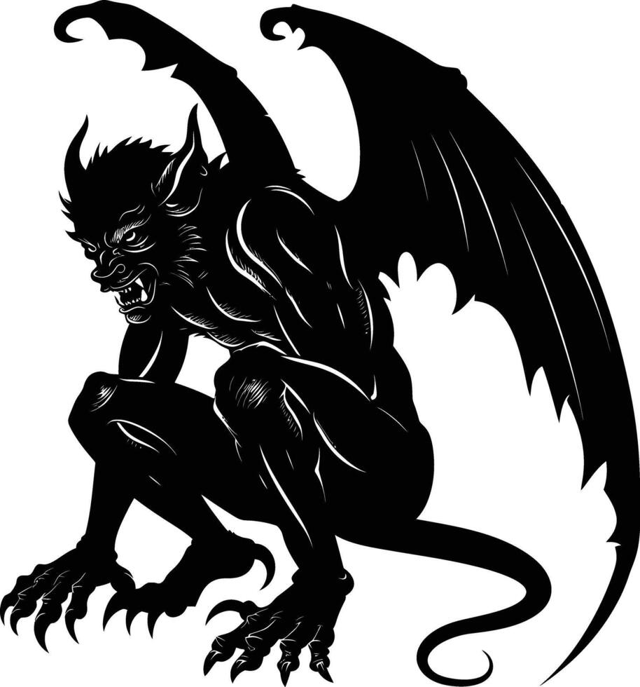 AI generated Silhouette Gargoyle Mythical Creature Monster in mmorpg game black color only vector