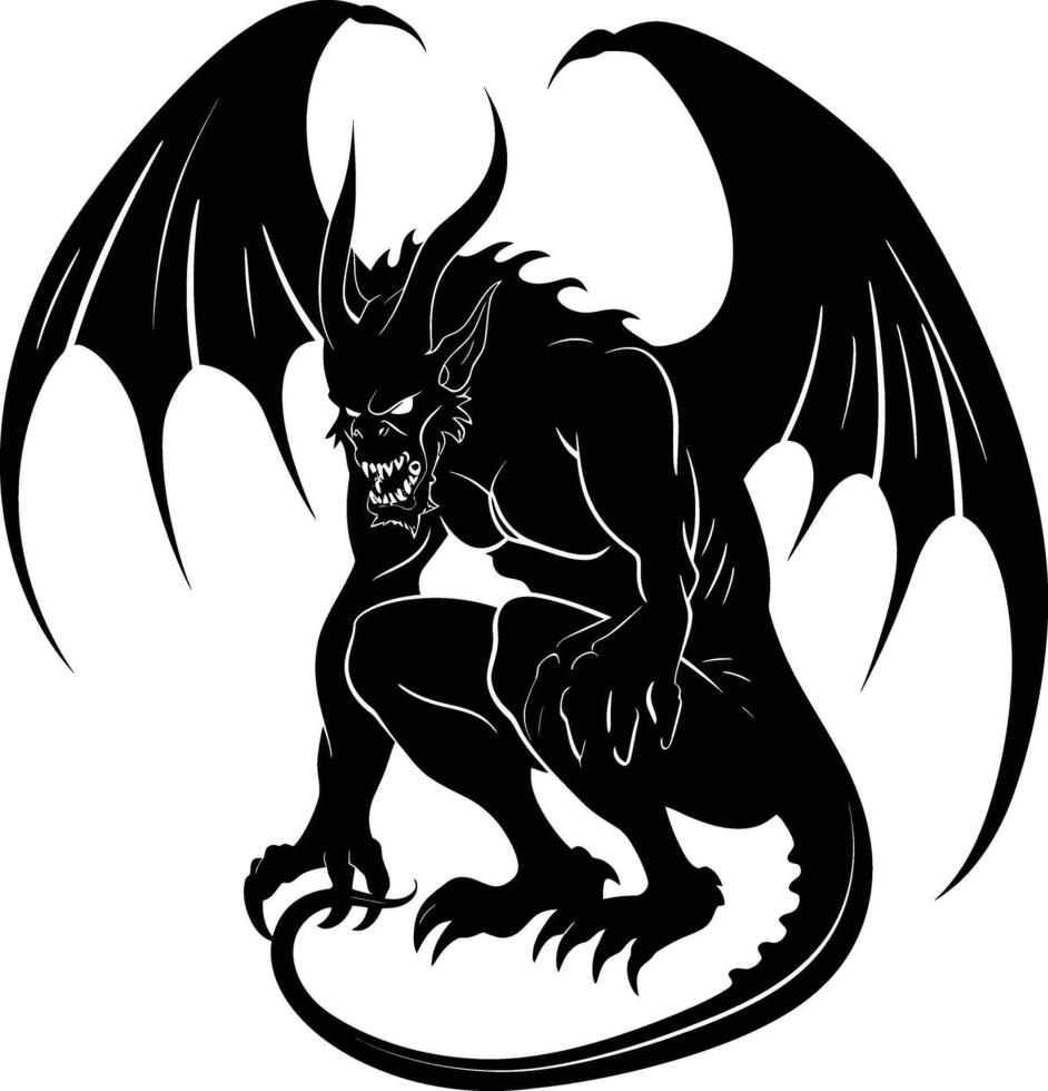 AI generated Silhouette Gargoyle Mythical Creature Monster in mmorpg game black color only vector