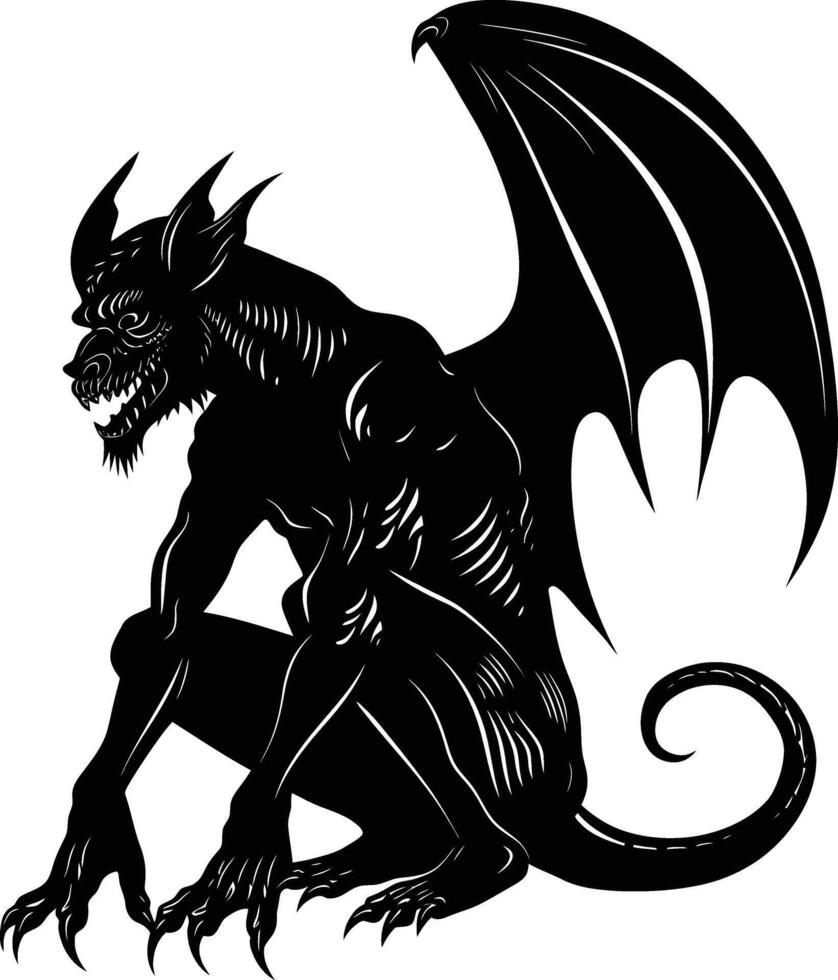 AI generated Silhouette Gargoyle Mythical Creature Monster in mmorpg game black color only vector