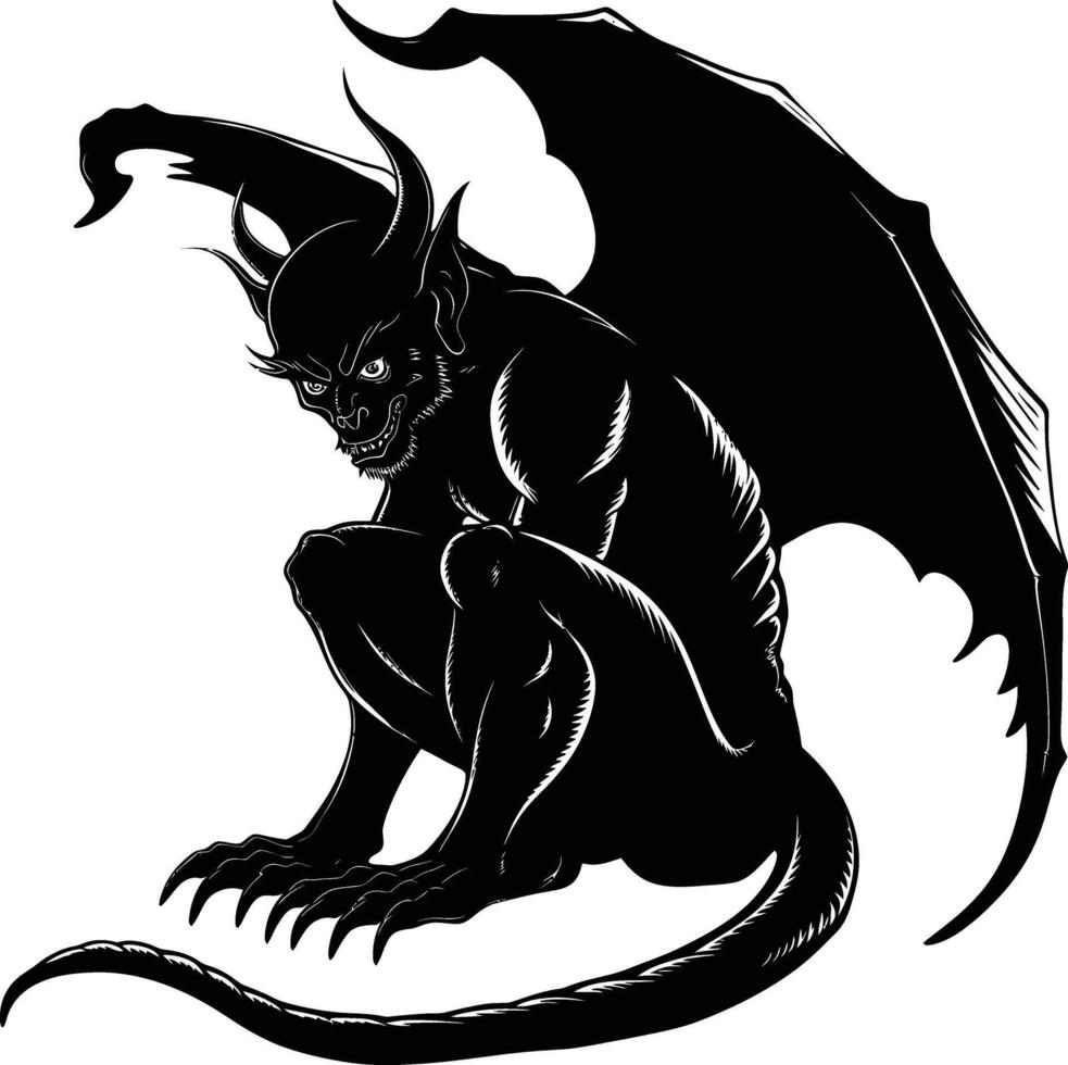 AI generated Silhouette Gargoyle Mythical Creature Monster in mmorpg game black color only vector