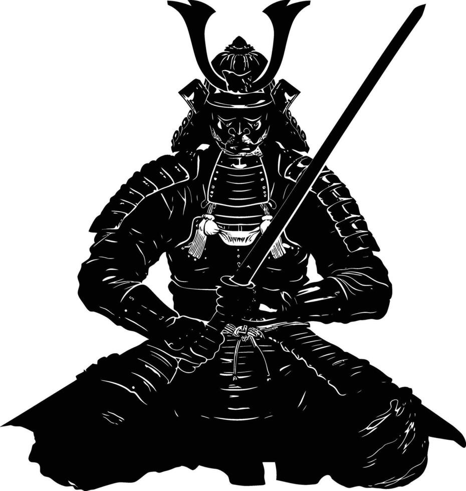 AI generated Silhouette Japanese Shogun Warrior black color only vector