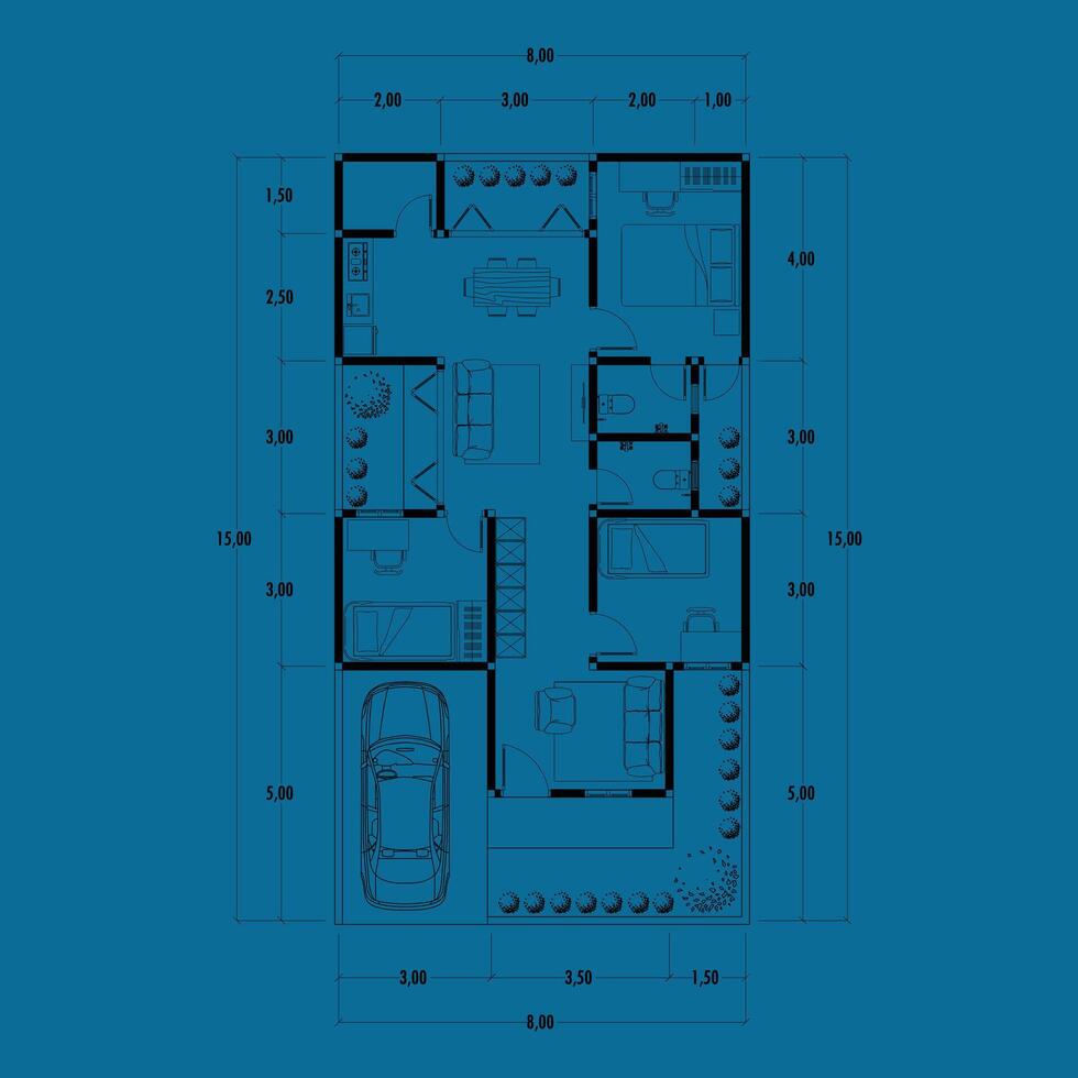 Architecture plan with furniture. home floor plan, isolated on blue background, stock illustration. vector