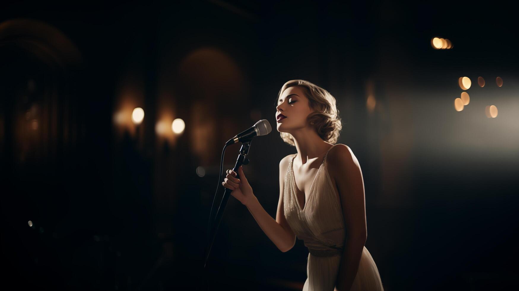 AI generated Stylish retro girl in vintage dress sings into a microphone. Woman singer of 20s and 30s years. Concert and performance. White Spotlights. AI Generated photo