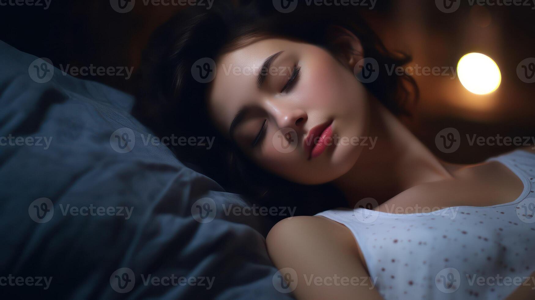 AI generated Girl sleep in bed. Sleeping caucasian woman in comfortable bedroom. Pillow and linen, person lying in room. Adult female resting, night portrait of people. AI generated photo