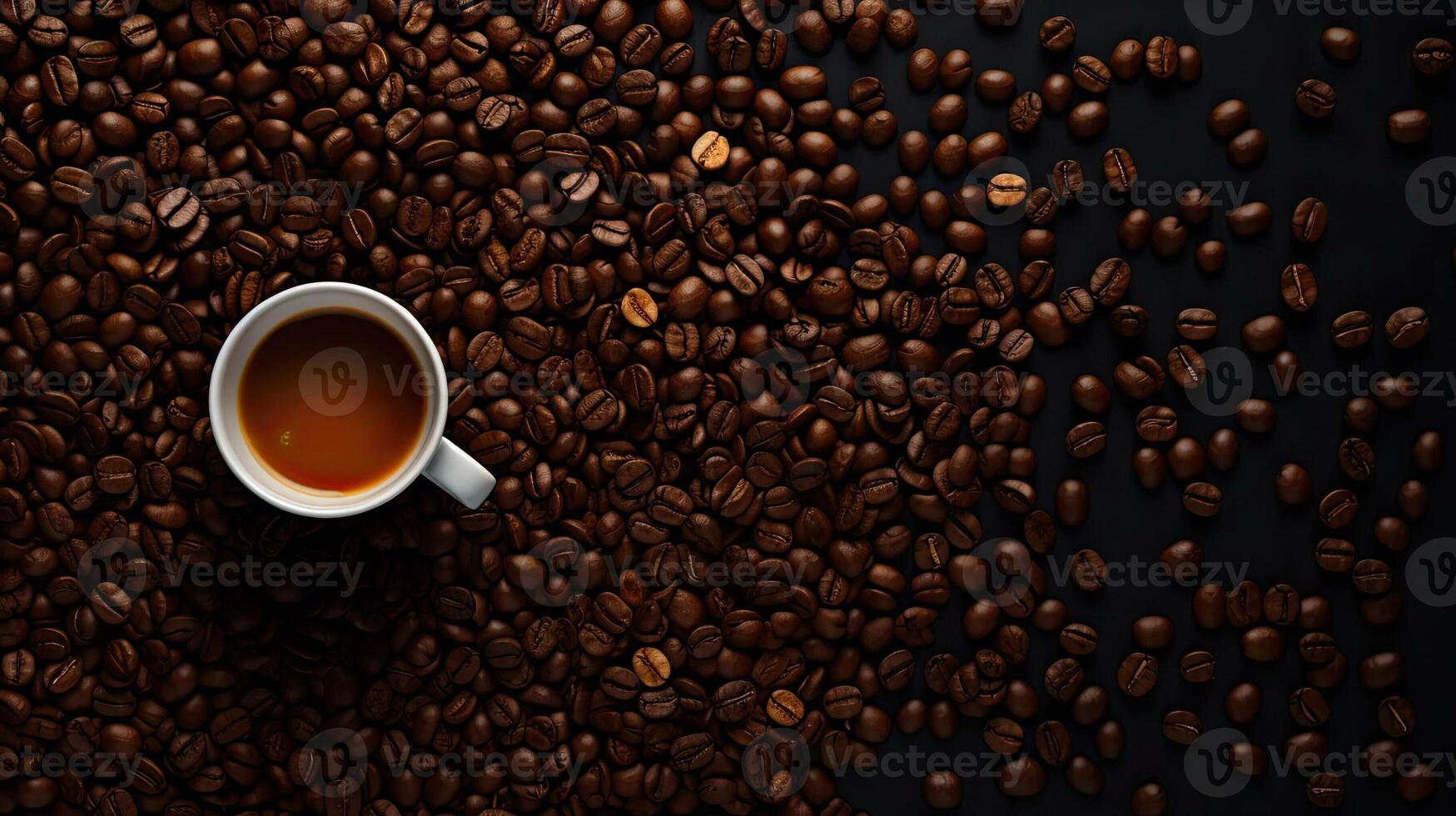 AI generated Coffee beans on dark surface. Cup of Americano coffee, top view. Empty space for a template photo