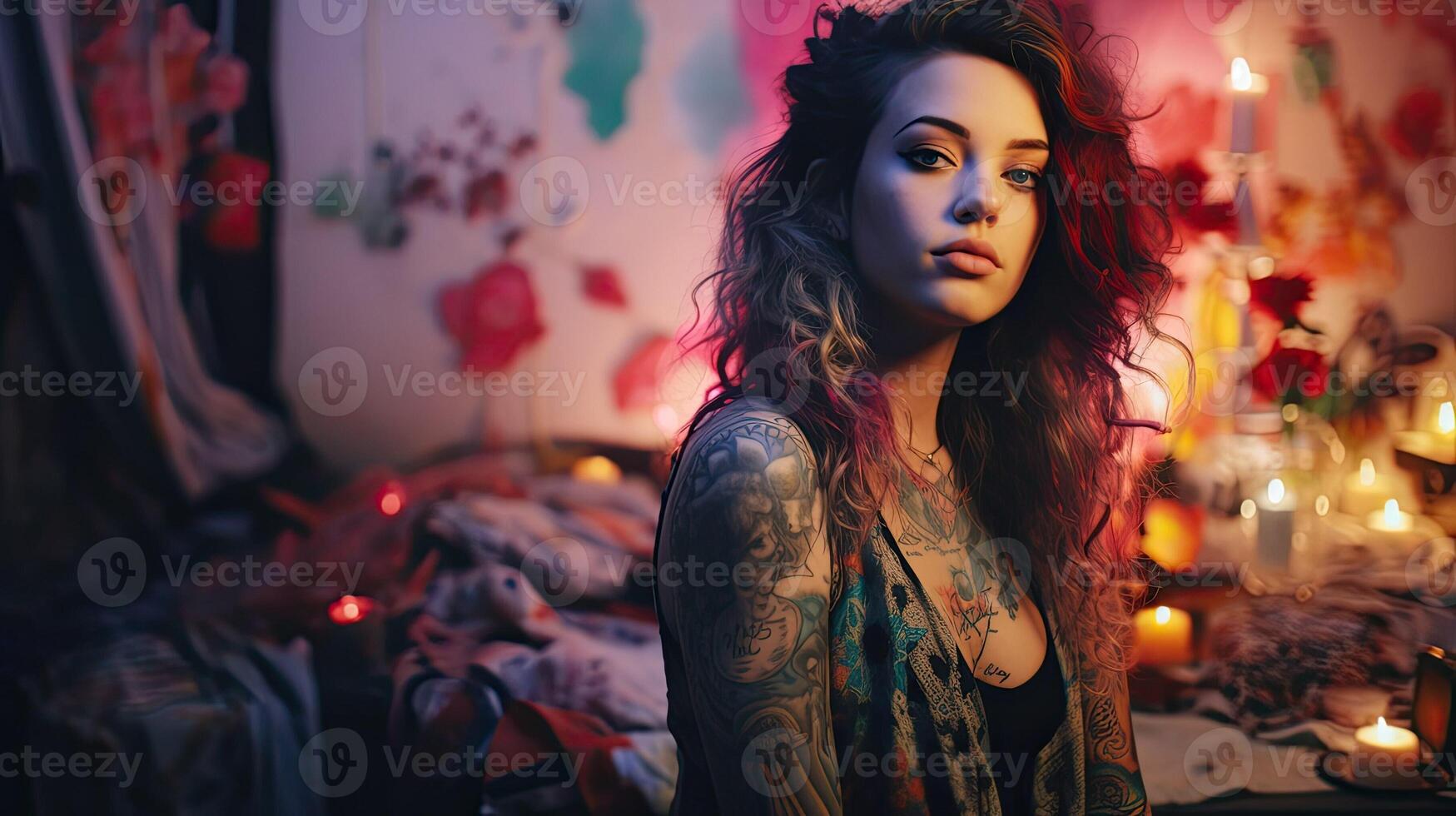 AI generated Young girl sitting on the bed in the bedroom. Tattooed fashionable beautiful woman on a background with pink lights. AI generated photo