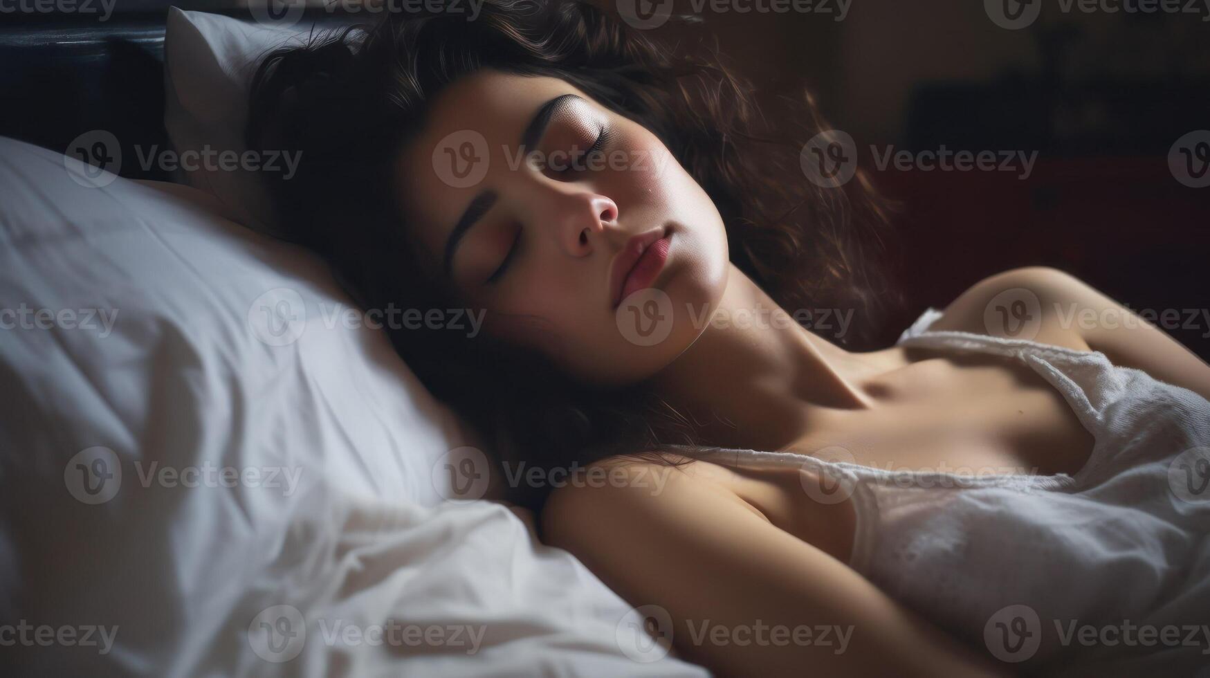 AI generated Girl sleep in bed. Sleeping caucasian woman in comfortable bedroom. Pillow and linen, person lying in room. Adult female resting, night portrait of people. AI generated photo