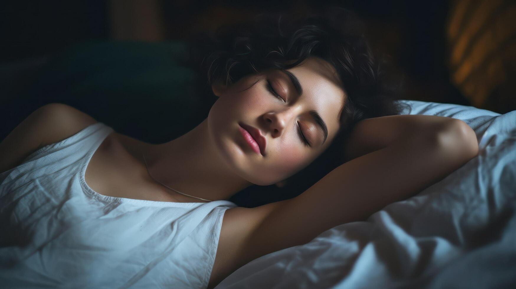 AI generated Girl sleep in bed. Sleeping caucasian woman in comfortable bedroom. Pillow and linen, person lying in room. Adult female resting, night portrait of people. AI generated photo