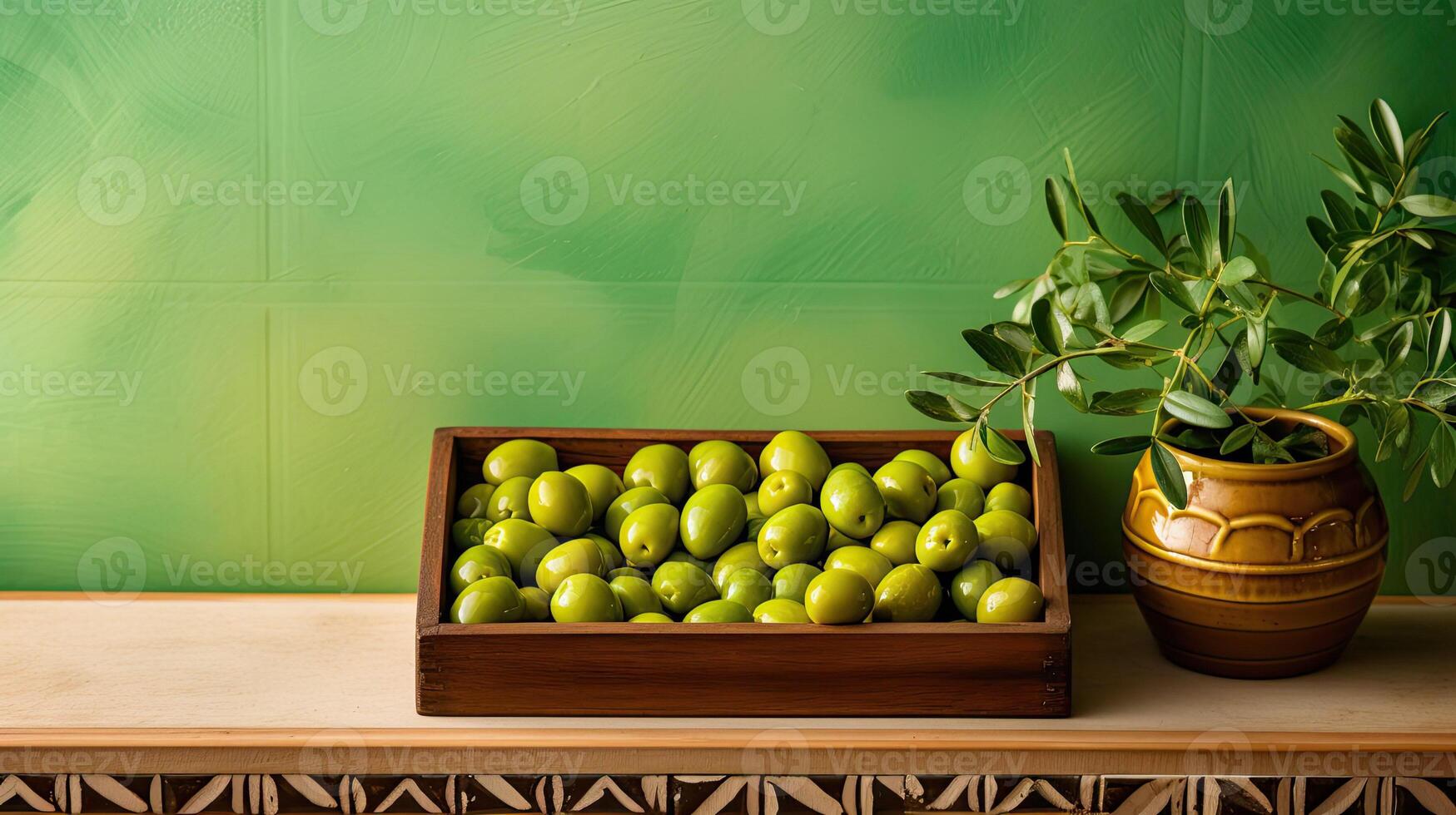 AI generated Plate of olives. Empty space for copy space and template. Mediterranean cuisine, ingredients and vegetables. AI Generated. Illustration for the cooking book photo