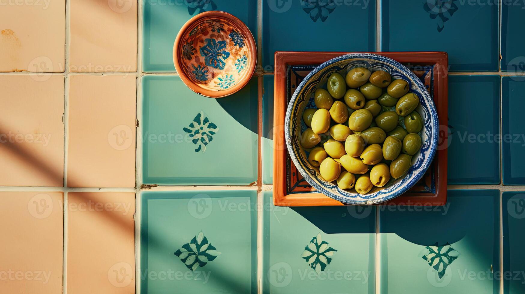 AI generated Plate of olives. Empty space for copy space and template. Mediterranean cuisine, ingredients and vegetables. AI Generated. Illustration for the cooking book photo