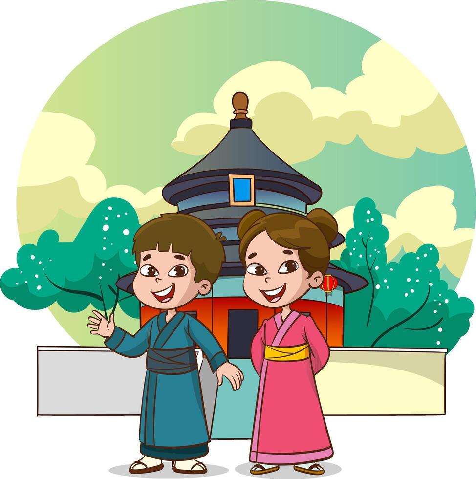 linda pequeño chico y niña Pareja en nacional disfraz de Japón. dibujos animados niños en tradicional Japón ropa. japonés nacional disfraz vector ilustración.