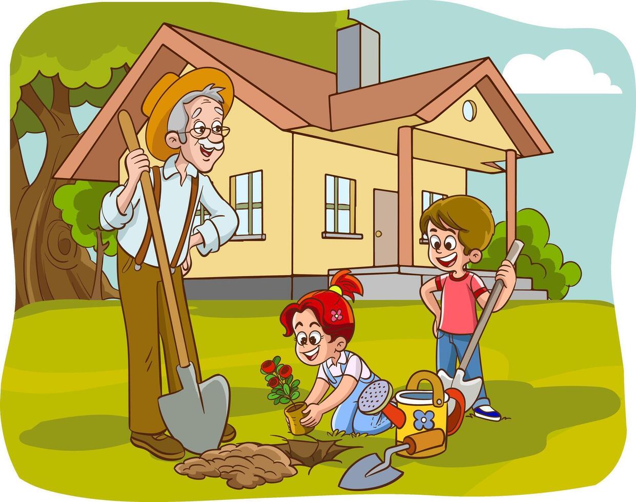 Grandfather and his grandchildren are planting trees in the park. Vector Flat style illustration