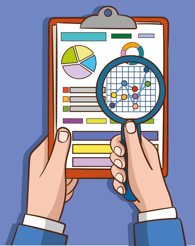 Businessman holding magnifying glass, clipboard financial tables, graphs.Organization process, analytics, research, planning, report, market analysis vector