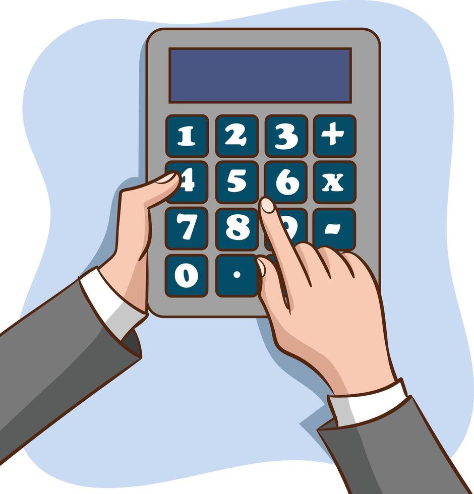Calculator with hand cartoon flat illustration vector isolated in white background.
