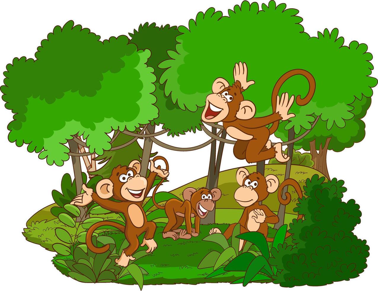 Illustration of monkeys playing in the forest vector