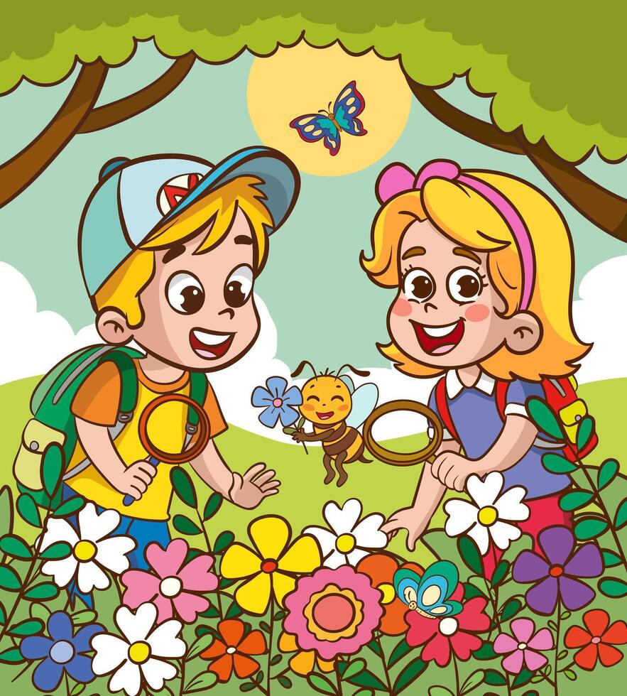 Cute little kids holding magnifying glass looking at plants and insects vector