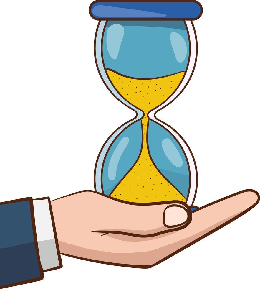 Human hand holds old style hourglass clocks with sand. Time management.Vector Design Illustration. vector