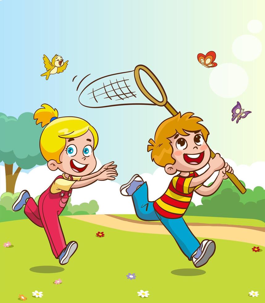 Happy children playing and catching insects at the park.Happy kids. Children play in meadow. School summer day.Spring vacation. vector