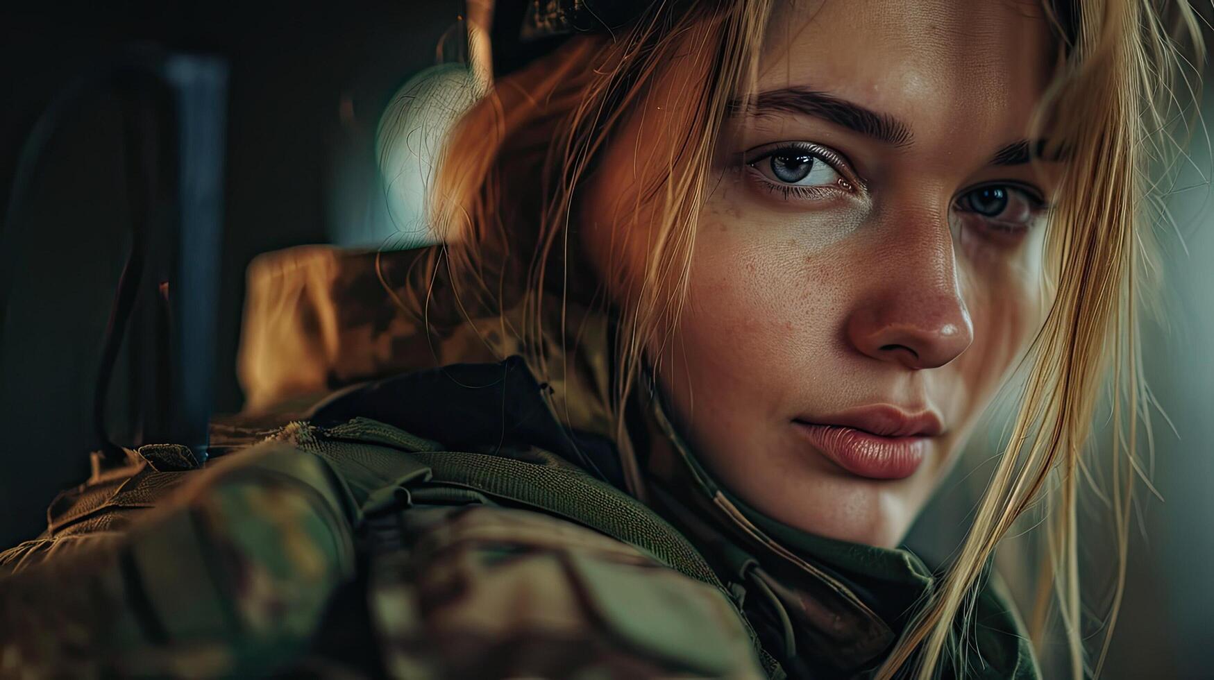 AI generated Pretty woman in military uniform. Portrait of modern female soldier. AI Generated photo