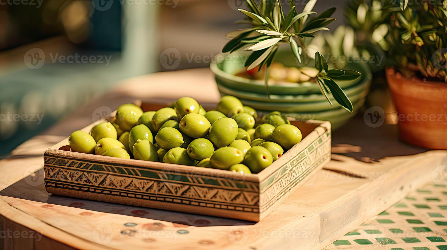 AI generated Box or crate with handle of olives. Mediterranean cuisine, ingredients and vegetables. AI Generated. Illustration for the cooking book photo