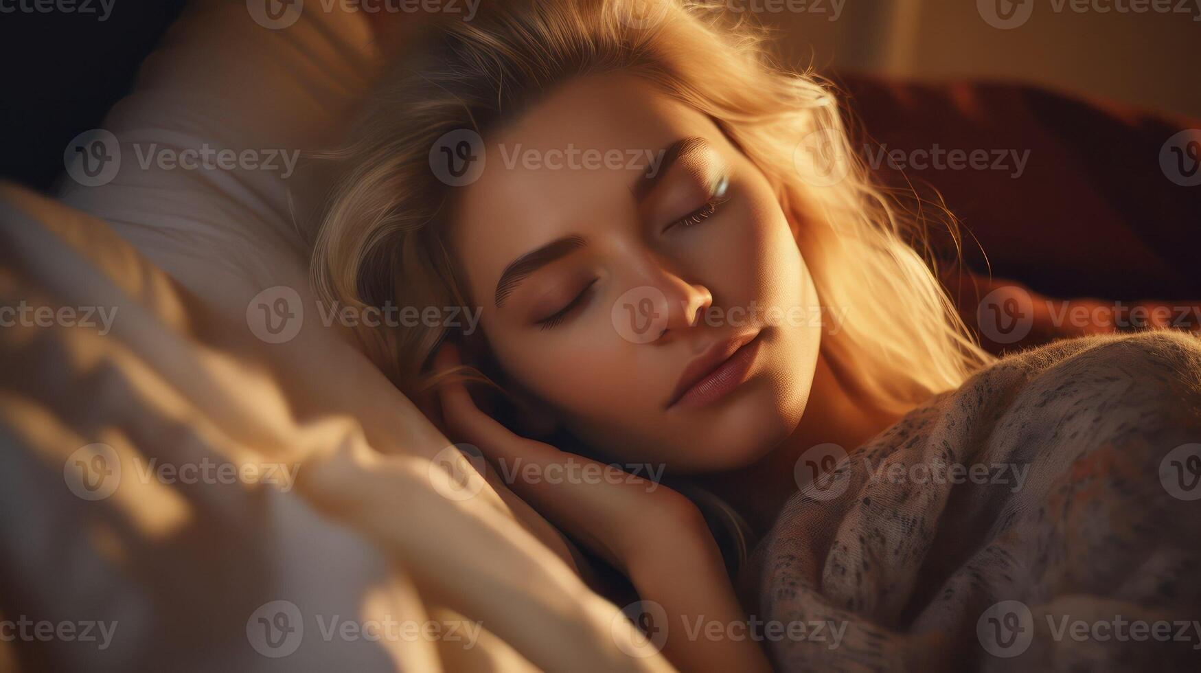 AI generated Girl sleep in bed. Sleeping caucasian woman in comfortable bedroom. Pillow and linen, person lying in room. Adult female resting, night portrait of people. AI generated photo