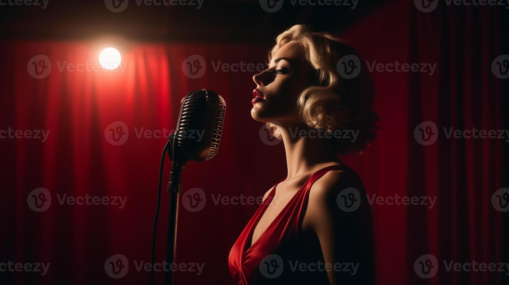 AI generated Stylish retro girl in vintage dress sings into a microphone. Woman singer of 20s and 30s years. Concert and performance. White Spotlights. AI Generated photo