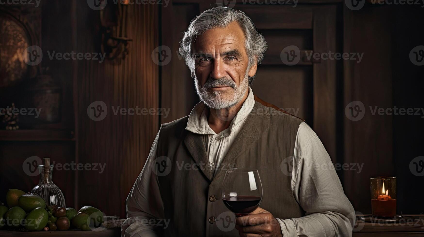 AI generated Winemaker at winery. Rustic interior and adult man with glass of wine. Production of a drink from grapes. AI Generated photo