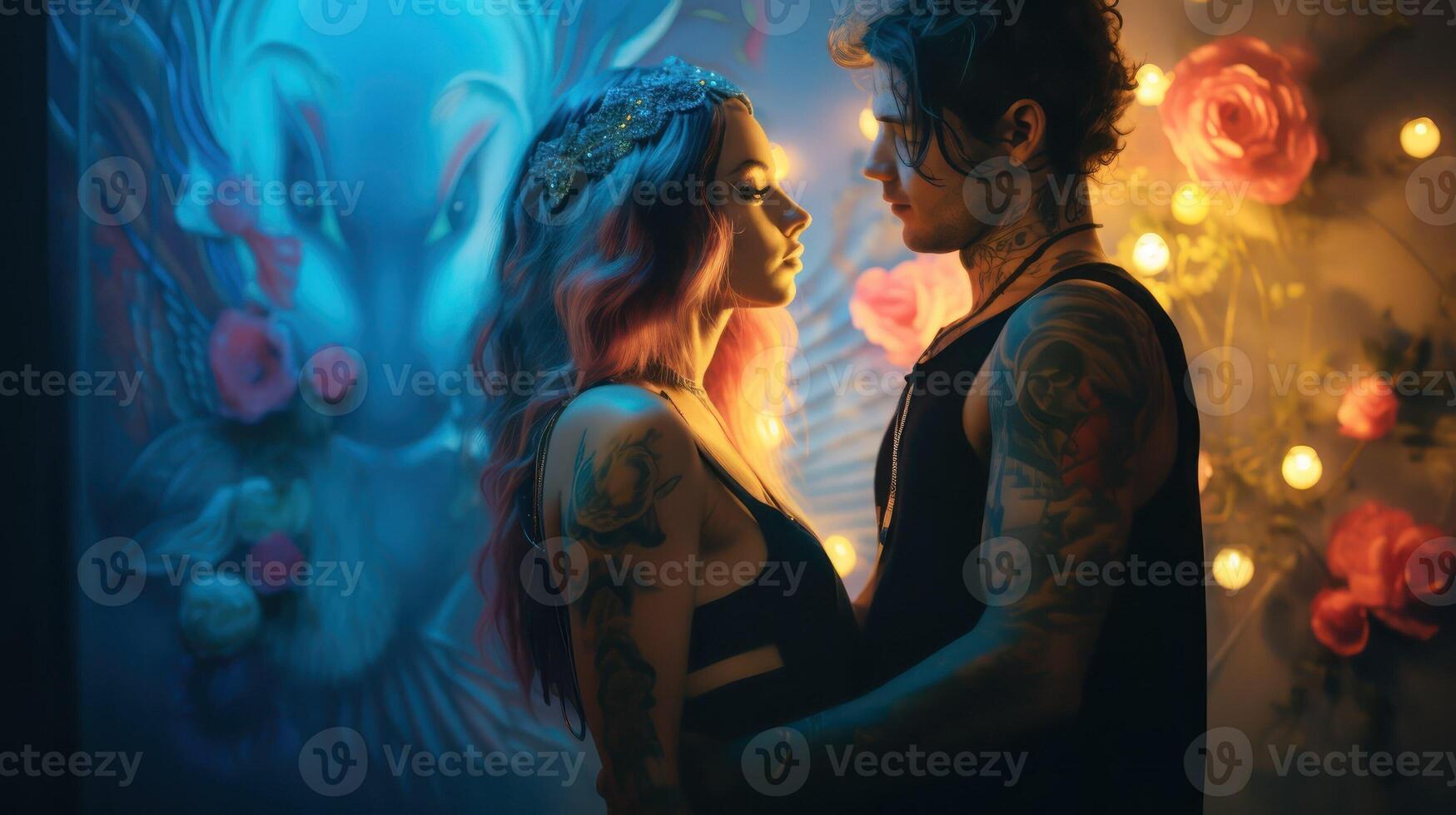 AI generated Couple in love. Young people hug. A man and a woman with tattoos. Modern relationships and love. AI generated photo