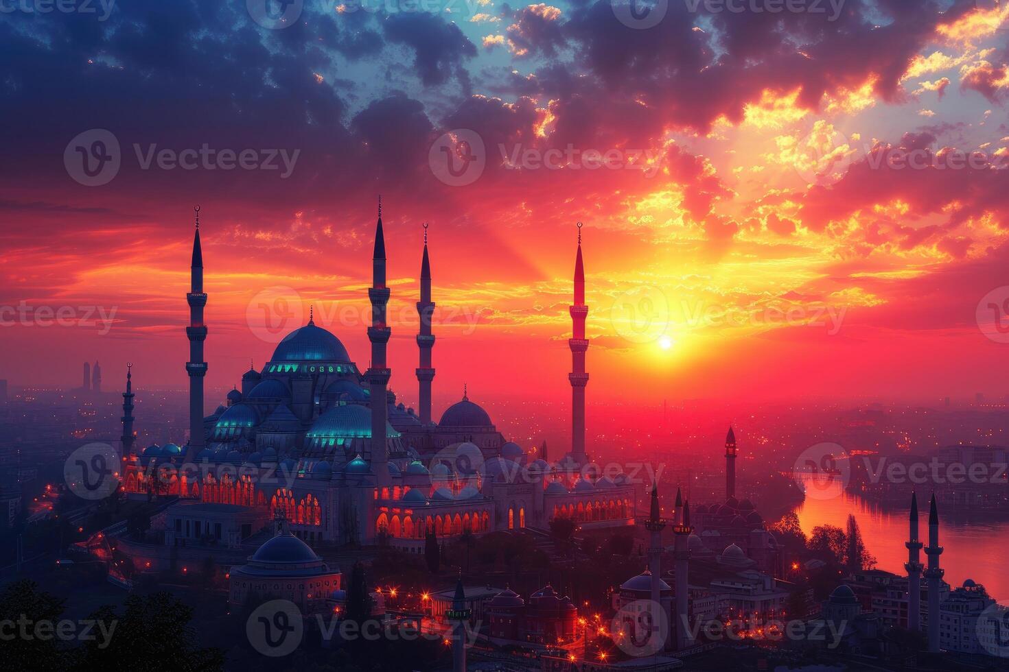 AI generated islamic greeting card for Ramadan kareem or ied mubarak background photo
