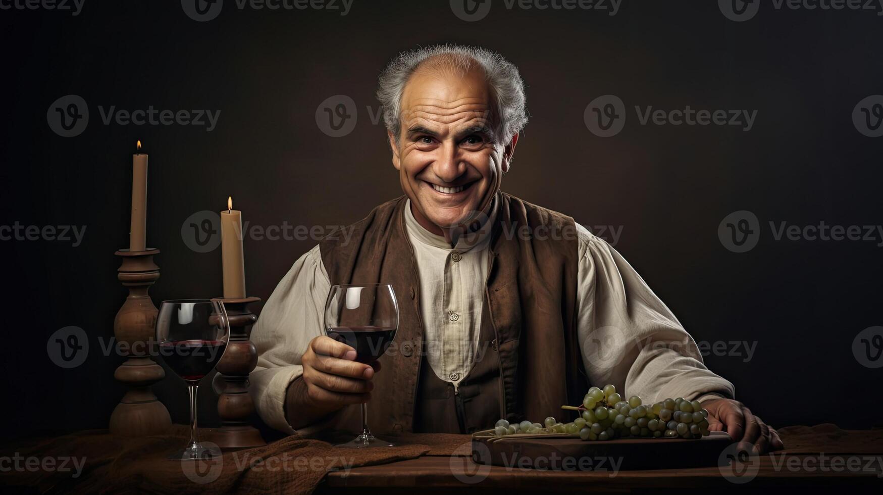 ai generado enólogo a lagar. rústico interior y adulto hombre con vaso de vino. producción de un bebida desde uvas. ai generado foto