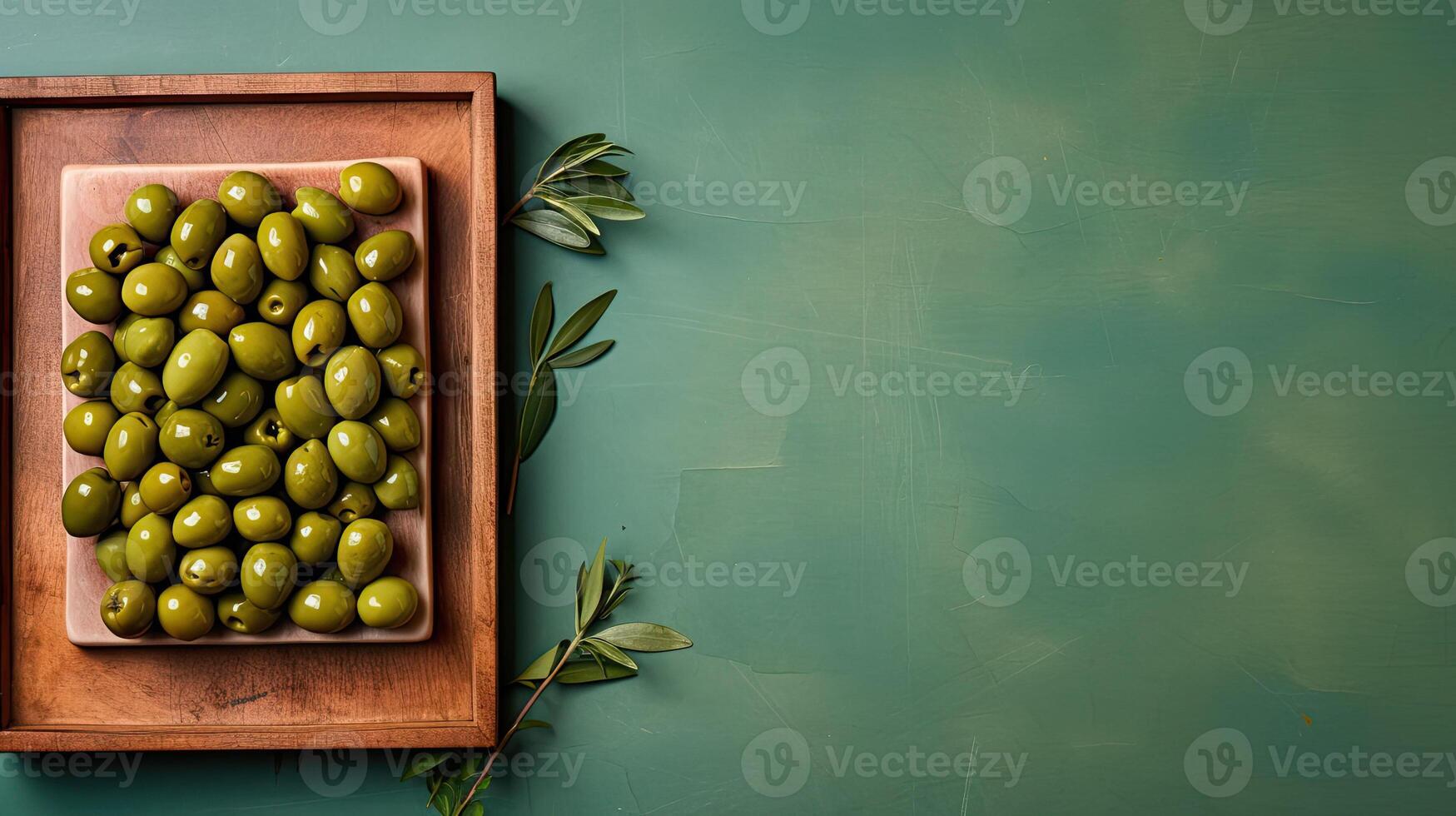 AI generated Plate of olives. Empty space for copy space and template. Mediterranean cuisine, ingredients and vegetables. AI Generated. Illustration for the cooking book photo