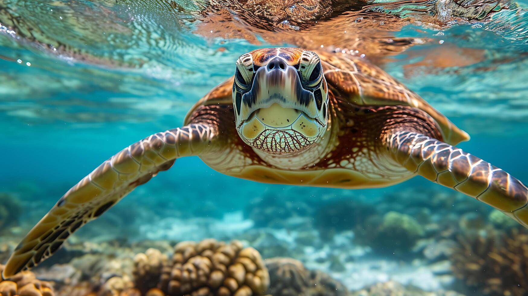 AI generated ront view of a sea turtle swimming in the light blue ocean, nature conservation, protecting the ecosystem, clean and beautiful sea. photo