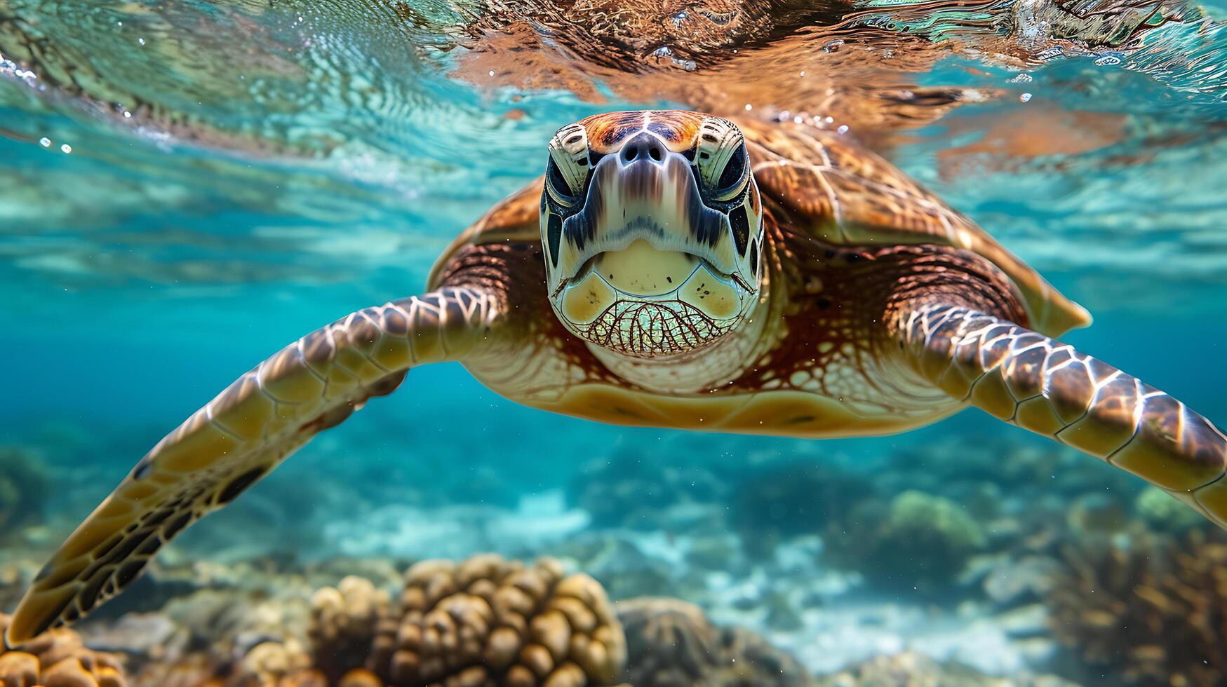 ai generado frente ver de un mar Tortuga nadando en el ligero azul océano, naturaleza conservación, proteger el ecosistema, limpiar y hermosa mar. foto