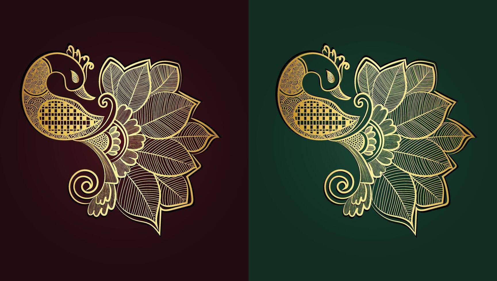 Golden Peacock and flower hand drawn design Free Vector