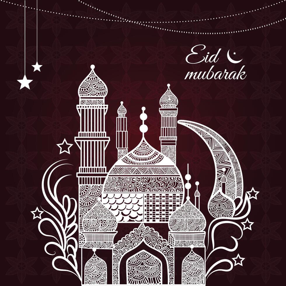 eid Mubarak frontera diseño con mezquita y islámico ornamento vector