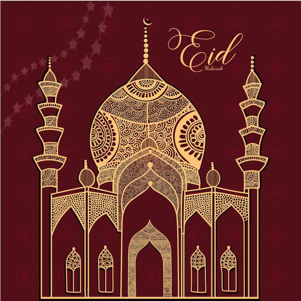 eid Mubarak frontera diseño con mezquita y islámico ornamento vector