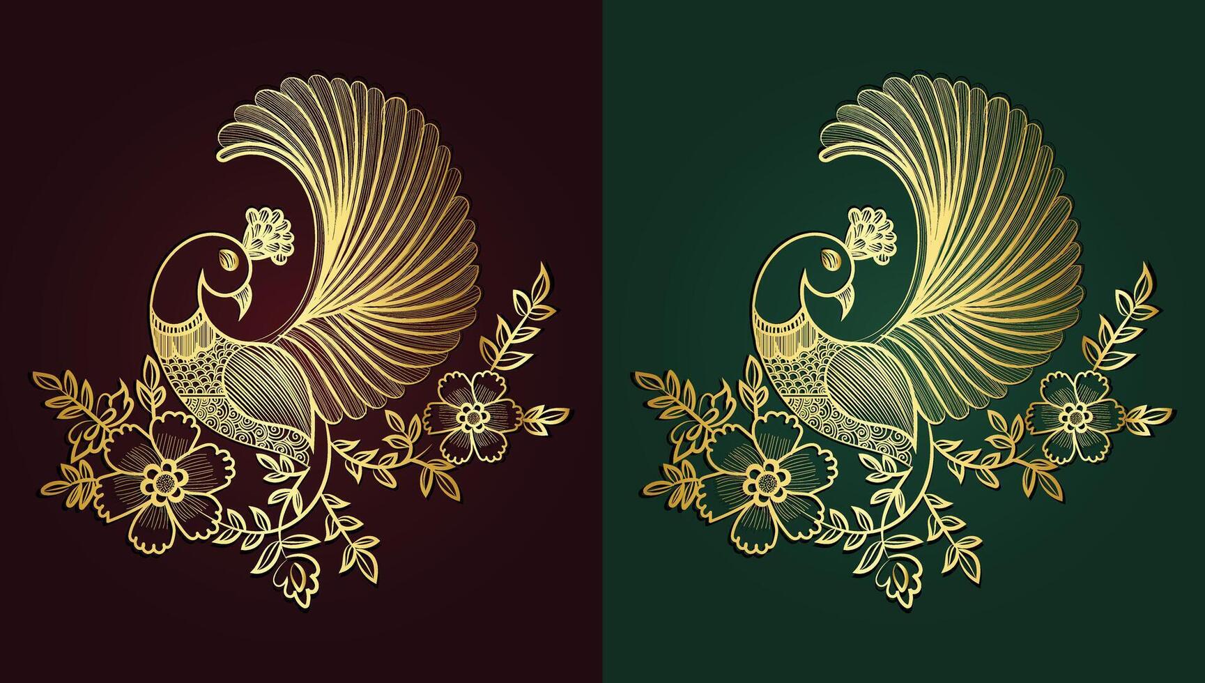 Golden Peacock and flower hand drawn  Free Vector