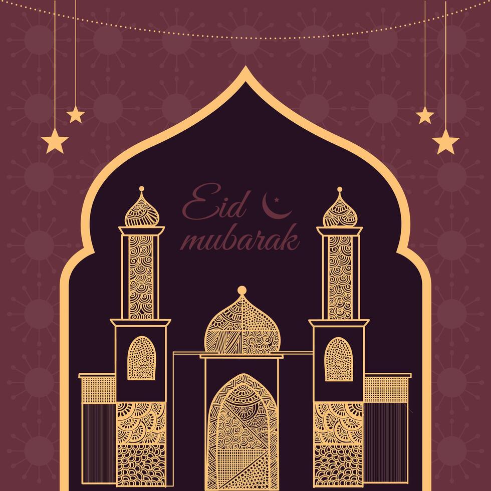 eid Mubarak frontera diseño con mezquita y islámico ornamento vector