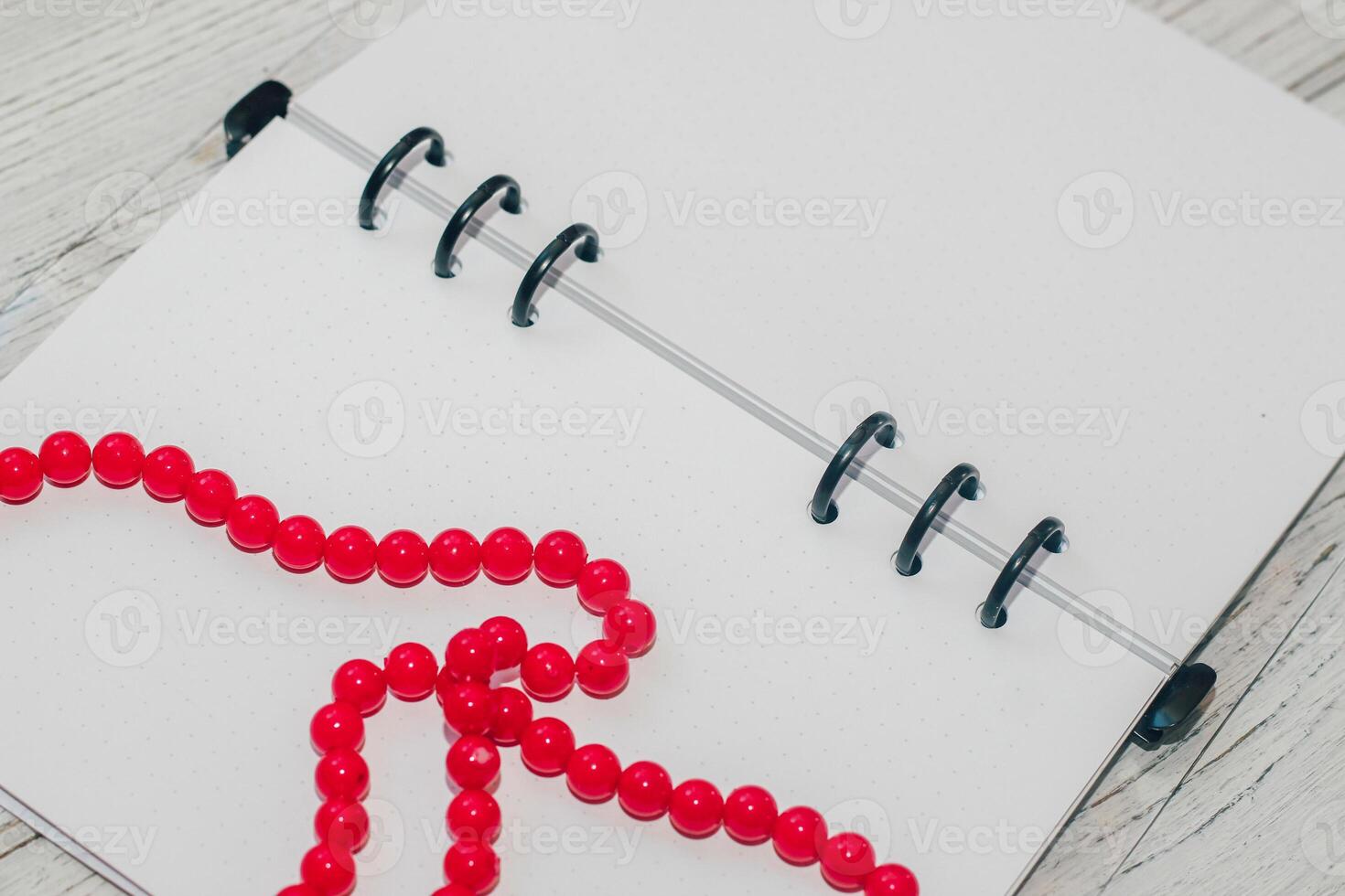 Notebook with rings, checkered sheets, transparent cover, beads, style concept photo