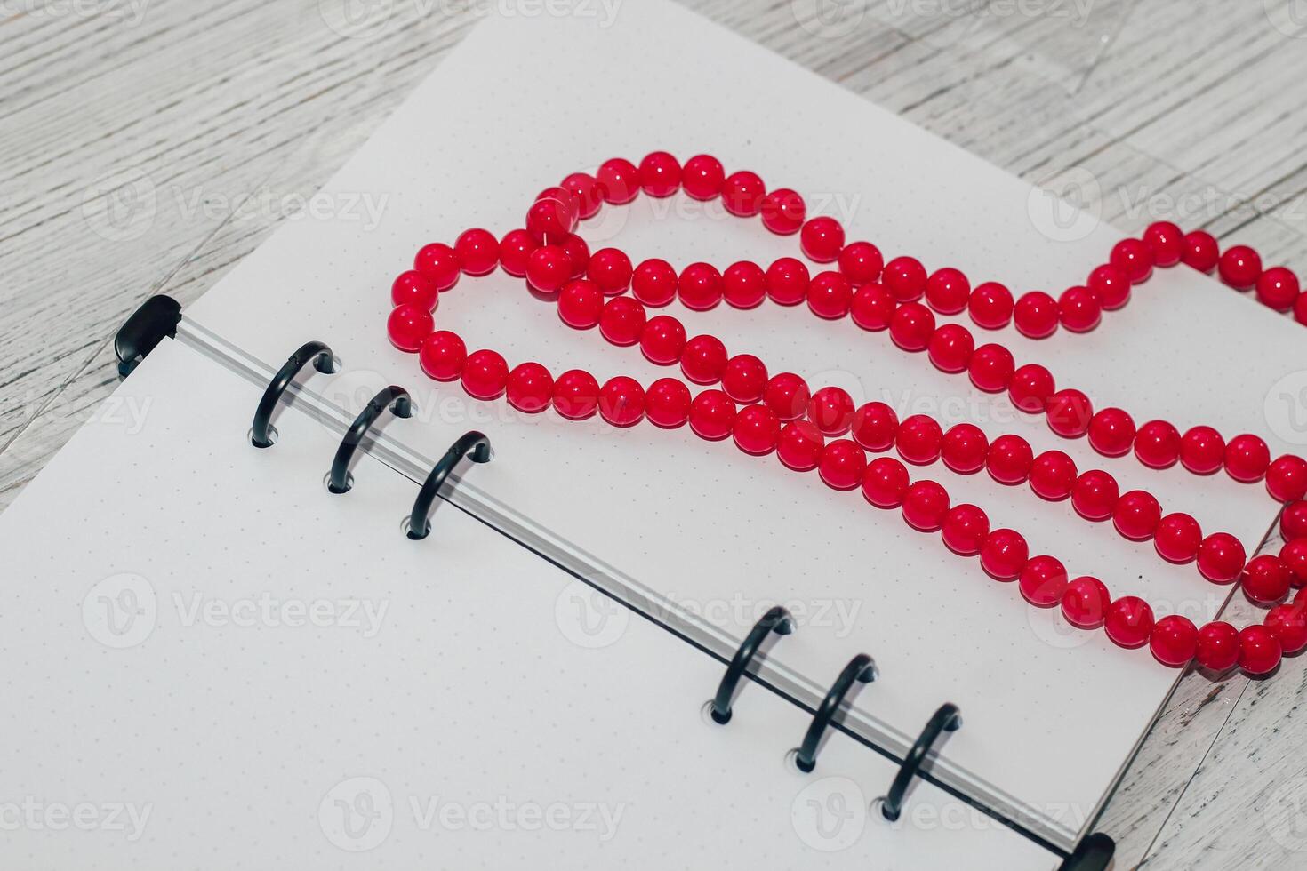 Notebook with rings, checkered sheets, transparent cover, beads, style concept photo