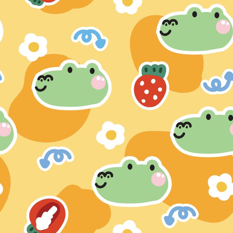 Seamless pattern of cute face crocodile with strawberry and flower background.Reptile animal character cartoon design.Fruit.Image for card,poster,sticker,baby clothing.Kawaii.Vector.Illustration. vector